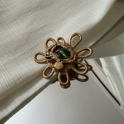 Handmade gold brooch with floral design and green stone, new