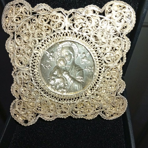 Filigree religious icon Virgin Mary gilded silver 925 like new