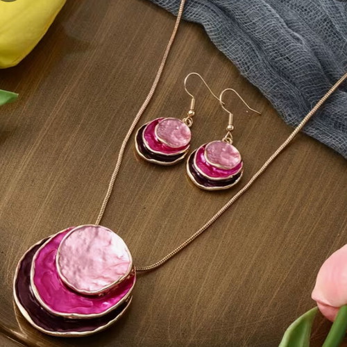 Stainless Steel Necklace and Earrings Set new, pink color