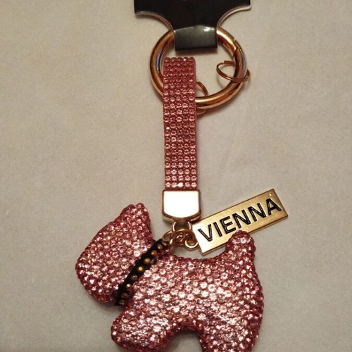 Dog-shaped bag charm keychain with pink rhinestones, new