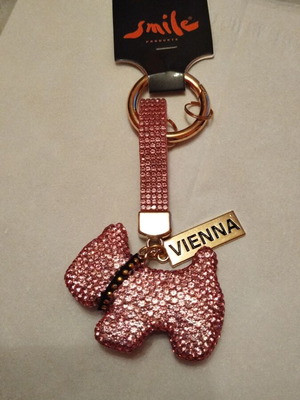 Dog-shaped bag charm keychain with pink rhinestones, new
