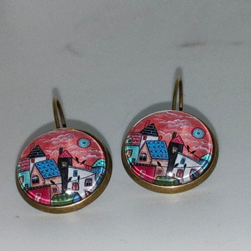 Handmade earrings with painted landscape, like new