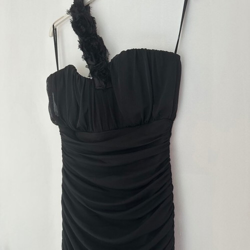 Rare London black evening dress with rose shoulder, size L