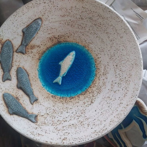 Decorative ceramic platter with colorful fish design, new