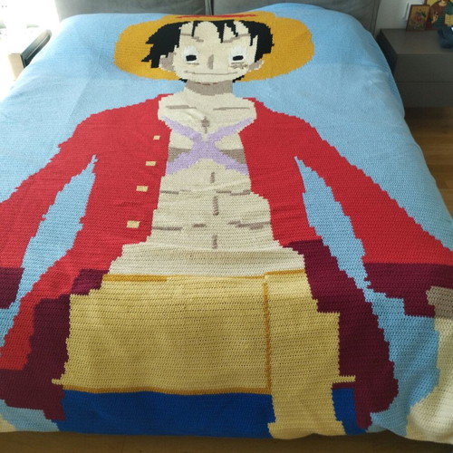 Handmade knitted blanket with Luffy from One Piece, made to order