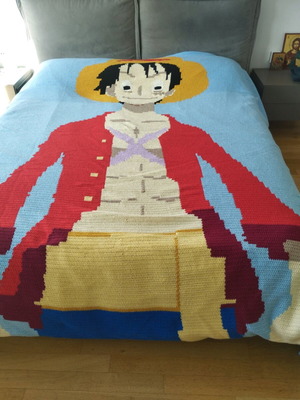 Handmade knitted blanket with Luffy from One Piece, made to order