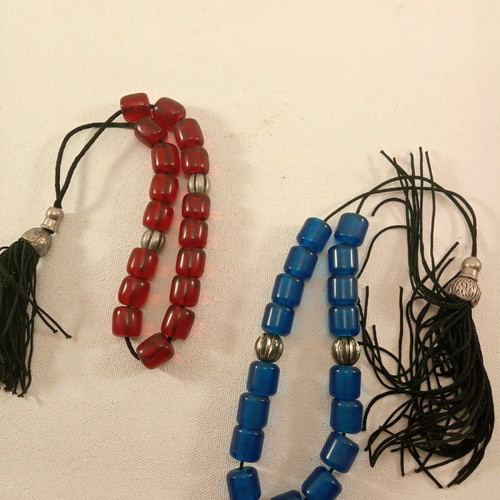 Two worry beads red and blue 30 and 35 cm synthetic with transparent beads
