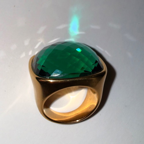 Disco cocktail emerald ring gold plated, new