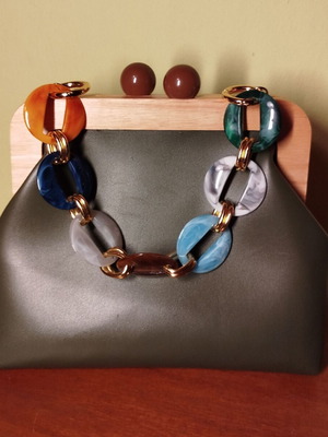Women's clutch bag khaki with colored acrylic chain like new