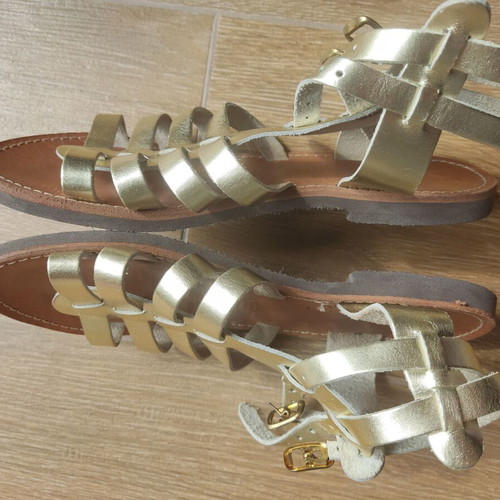 Leather gold gladiator sandals used, classic Greek style size 38