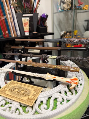 Harry Potter wand set of 5 like new with stand and gilded ticket