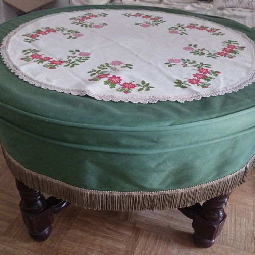 Vintage set of 3 wooden coffee tables with retro covers and embroidery used
