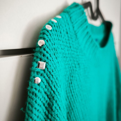 Turquoise women's blouse Large like new with silver studs asymmetrical