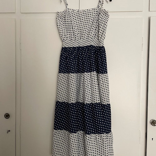 Vintage midi dress white and blue polka dots medium used