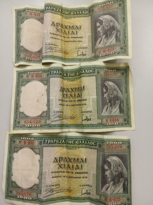 Set of three 1000 Drachmai banknotes used, 1930s decade