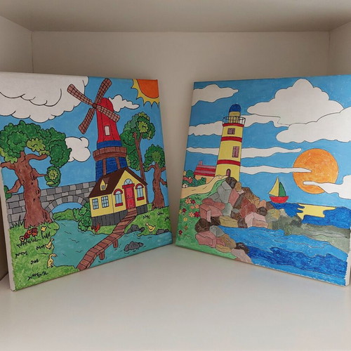 Set of 2 handmade canvas paintings "Windmill & Lighthouse" new