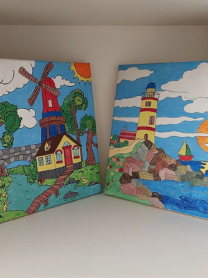Set of 2 handmade canvas paintings "Windmill & Lighthouse" new