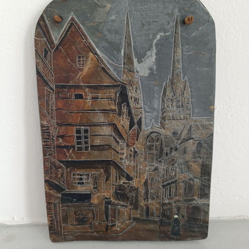 Decorative slate plaque with handmade engraving, French urban scene, like new