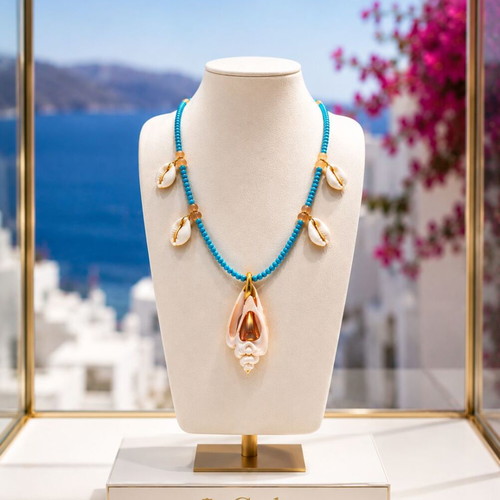 Handmade Long Necklace with Semi-Precious Stone TURQUOISE, Natural Shells and Crystals