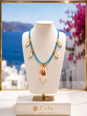 Handmade Long Necklace with Semi-Precious Stone TURQUOISE, Natural Shells and Crystals