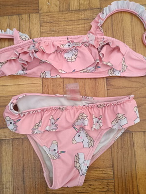 Girls' swimsuit with unicorns and frills, used, size 3-4 years