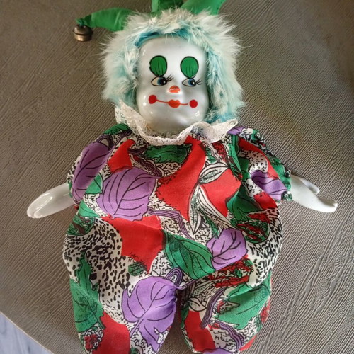 Clown doll with porcelain head used, 40 cm