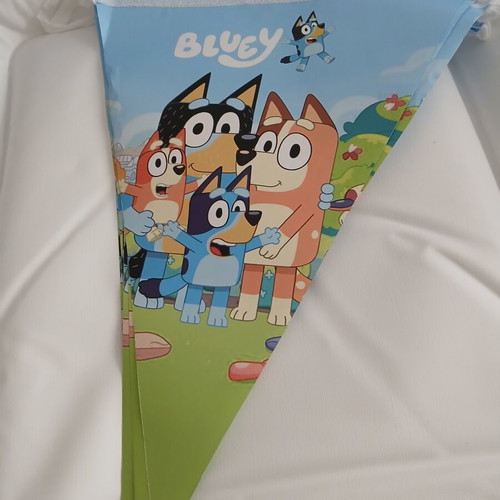Bluey birthday party set with invitations, straws, cups, knives, and banner