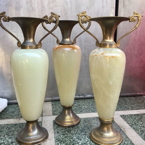 Set of 3 alabaster amphora vases used with gilded handles