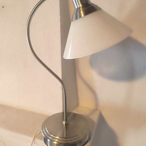 Modern table lamp with adjustable opal glass, inox frame