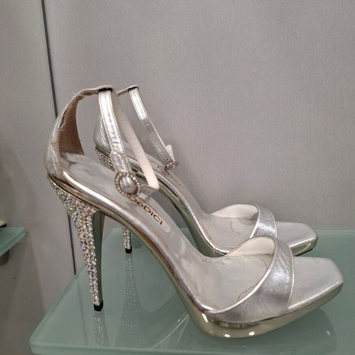 Silver sandals with multicolor rhinestones on heel new, size 38
