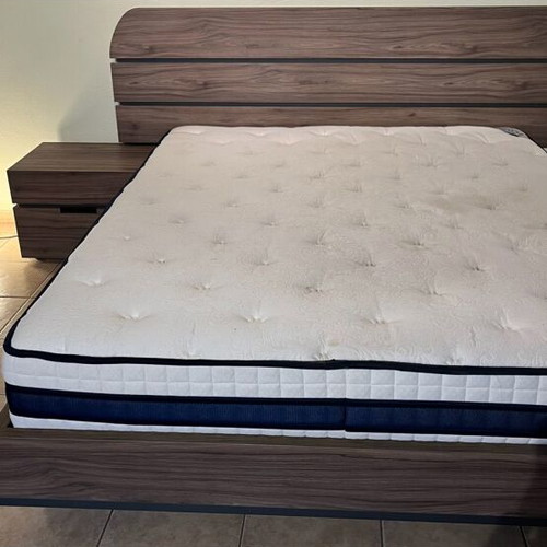 Double bed with bedside table set, wood veneer beige brown