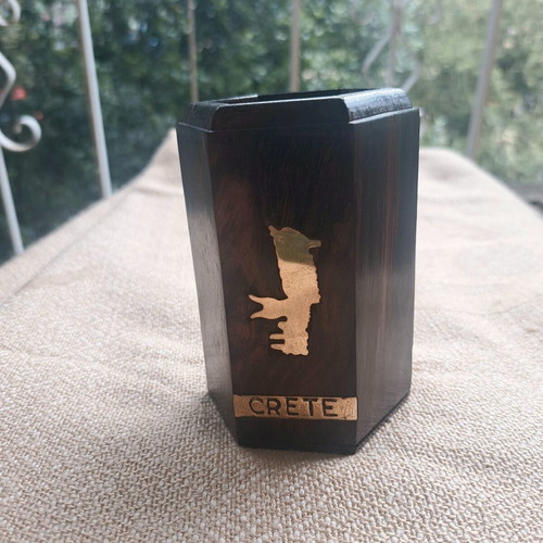 Wooden pencil holder used with map of Crete