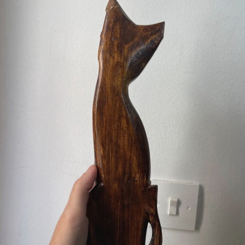 Vintage wooden cat set used, boho Balinese style decor, 3 pieces