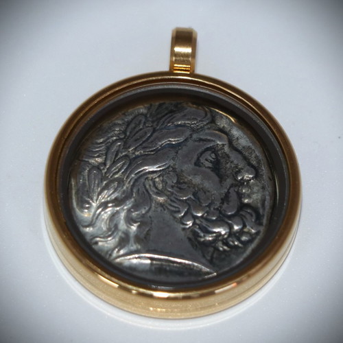 Pendant with ancient silver-plated coin - replica - Amphipolis - Philip, glass case 22K gold-plated