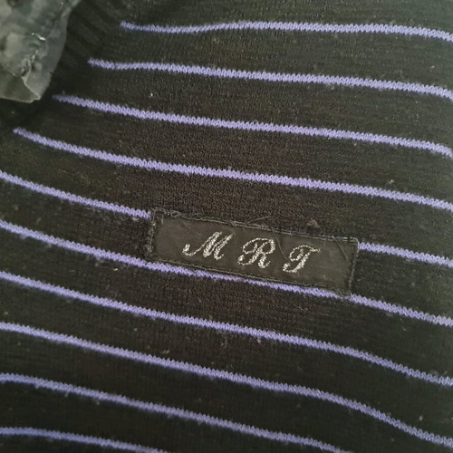 Martini knitted blouse XL used, black with purple stripes and collar