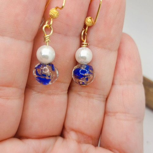 Handmade earrings with cobalt Murano glass beads and white pearls gold plated new