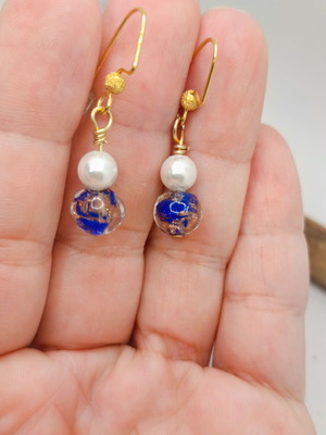 Handmade earrings with cobalt Murano glass beads and white pearls gold plated new