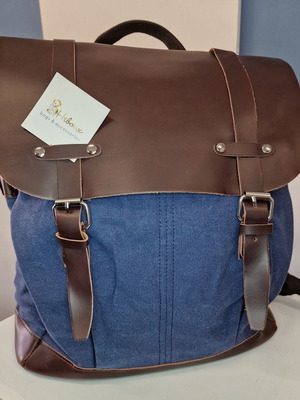 Backpack canvas and leatherette new, large, blue and brown