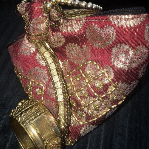 Red gold Indian brocade potli bag like new with bracelet gift