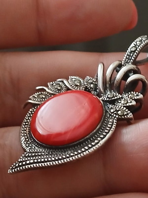 Large 925 Silver Pendant with Coral, 5 cm, like new