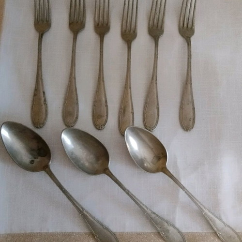 Wellner alpaca silverware used, 3 soup spoons and 6 forks