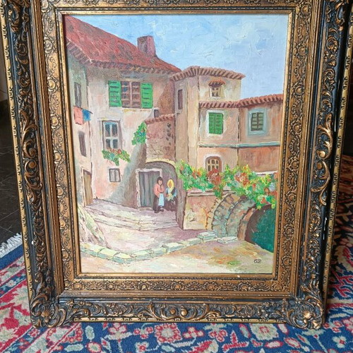 Painting used with traditional village in wooden frame