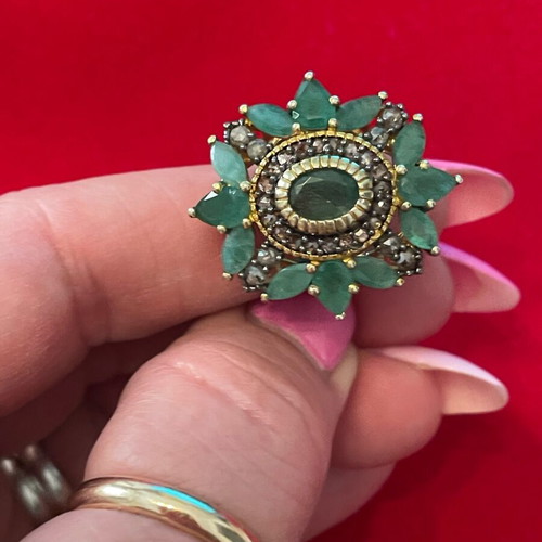 Ring 9K gold and 925 silver with diamonds and emeralds used, size 57