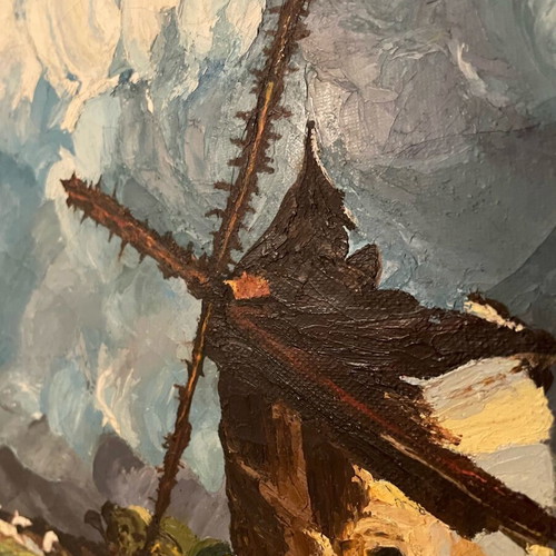 Oil painting Windmill and Dutch women used, 1970s oil on canvas