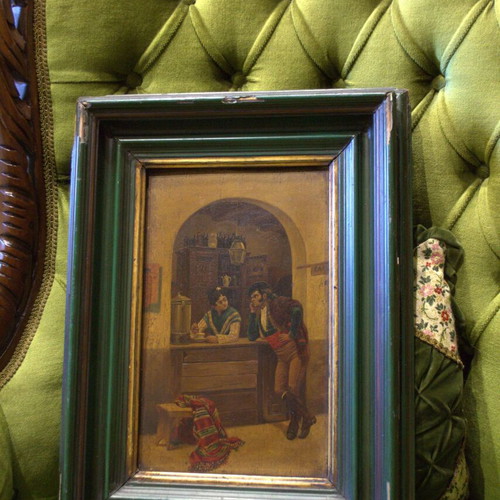 Antique Spanish Tavern Scene Oil Painting on Wooden Panel used