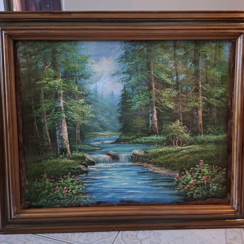 Vintage oil painting landscape with river used, framed 70x57 cm