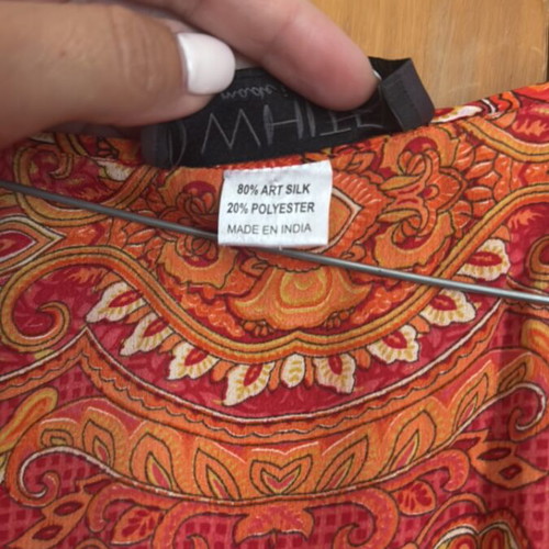 Wrap dress with paisley pattern, red and orange
