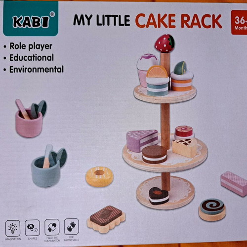 Wooden set for branch with tea, sweets and cake rack, fantasy play