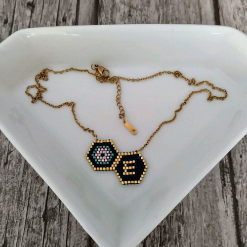 Steel monogram necklace with miyuki eye pendant made to order, black and gold