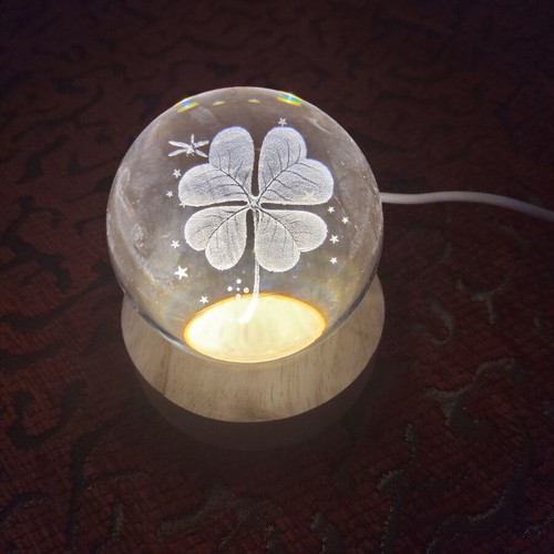 Crystal ball lamp with wooden base and four-leaf clover, new